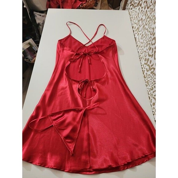 Red Satin Slip Nightie and thong - Picture 2 of 5
